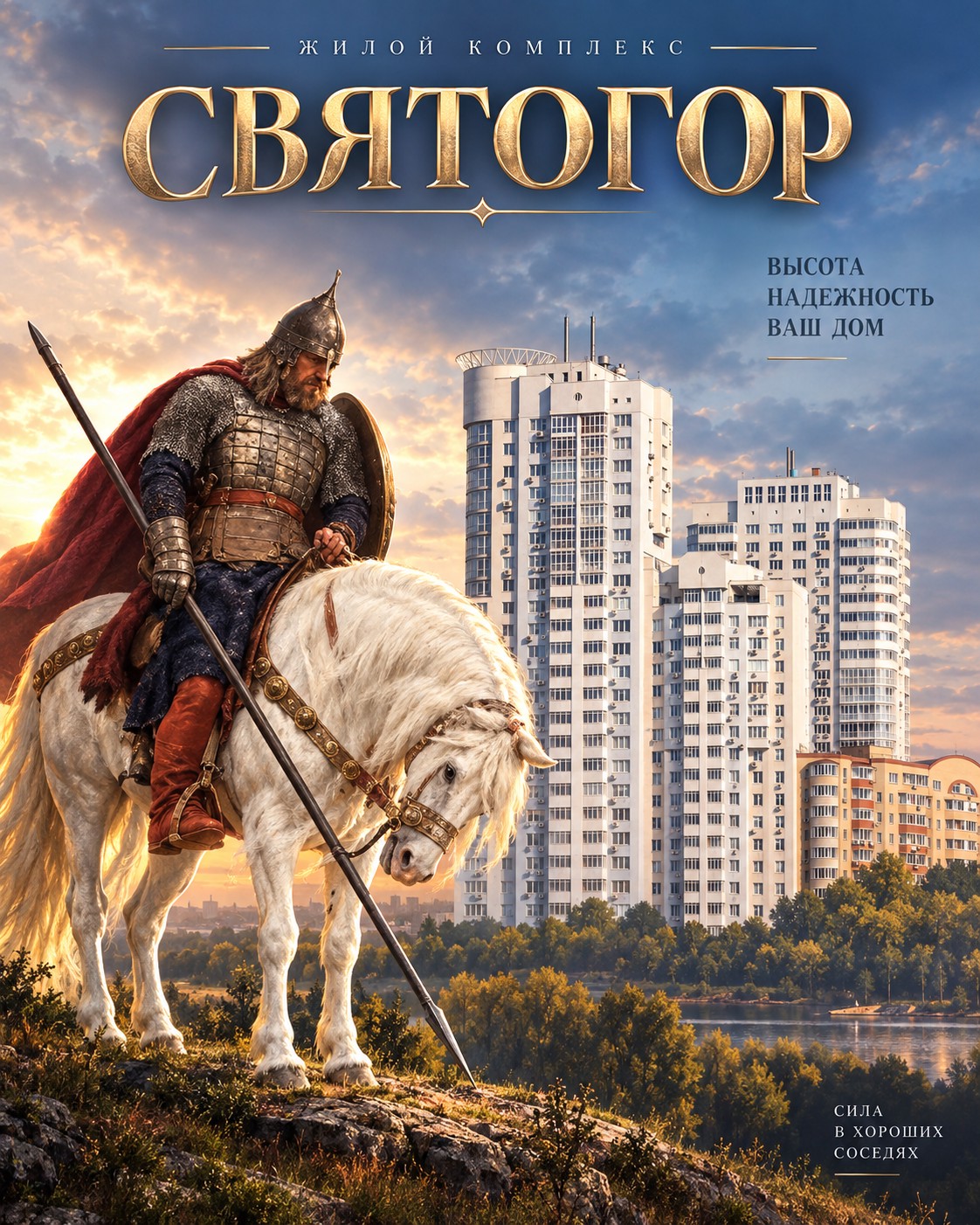 Иллюстрация ЖК «Святогор»: богатырь на белом коне на фоне жилого комплекса